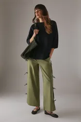 Womens Tie Side Wide Leg Trousers - Khaki Linen - Size 12 Uk