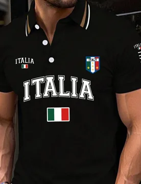 Camisa polo de punto de manga corta con estampado de la bandera de Italia, adecuada para uso diario casual, calle y exterior - Shein - FashionsVida