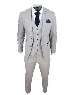 Mens Grey 3 Piece Tan Brown Check Tailored Fit Suit Velvet - Size 50 (Chest) - Paul Andrew - FashionsVida