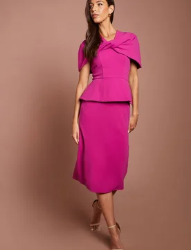 Women's Twist Front Cape Sleeve Pencil Midi Dress With Peplum in Fuchsia Size: 8 - Fuchsia - Size: 8 - Coast - FashionsVida