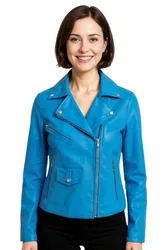 Women's Classic Brando Biker Leather Jacket - Secunda in Blue Size: 12 - Blue - Size: 12