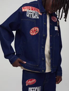 Men's Varsity Badge Applique Regular Fit Denim Co-Ord Jacket Dark Indigo Size Medium Dark Indigo M - boohooMAN - FashionsVida