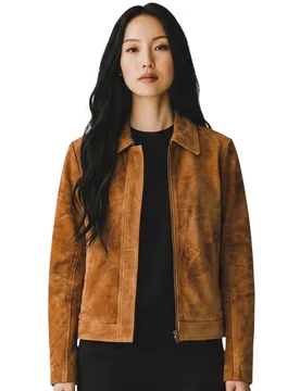 Womens Women’s Tan Suede Bomber Blouson Varsity Jacket - Austurland - Size X-Large - Infinity Leather - FashionsVida