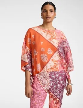 Blusa de mujer de mezcla de liocel estampada ajuste boxy con cierre de cordón ajustable en el bajo - Elena Miró - FashionsVida