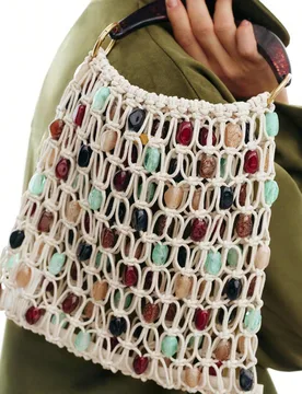 Nueva bolsa tejida a mano con cuentas, bolso de mujer con decoración de conchas huecas, sección de bambú, bolso de playa tejido de verano - Shein - FashionsVida