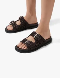 Woven Buckle Flat Footbed Sliders Dark Brown female