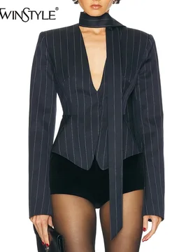 TWOTWINSTYLE Colorblock Striped Slimming Blazers For Women V Neck Long Sleeve Tunic Temperament Coats Female Fashion Clothes New - Aliexpress - FashionsVida