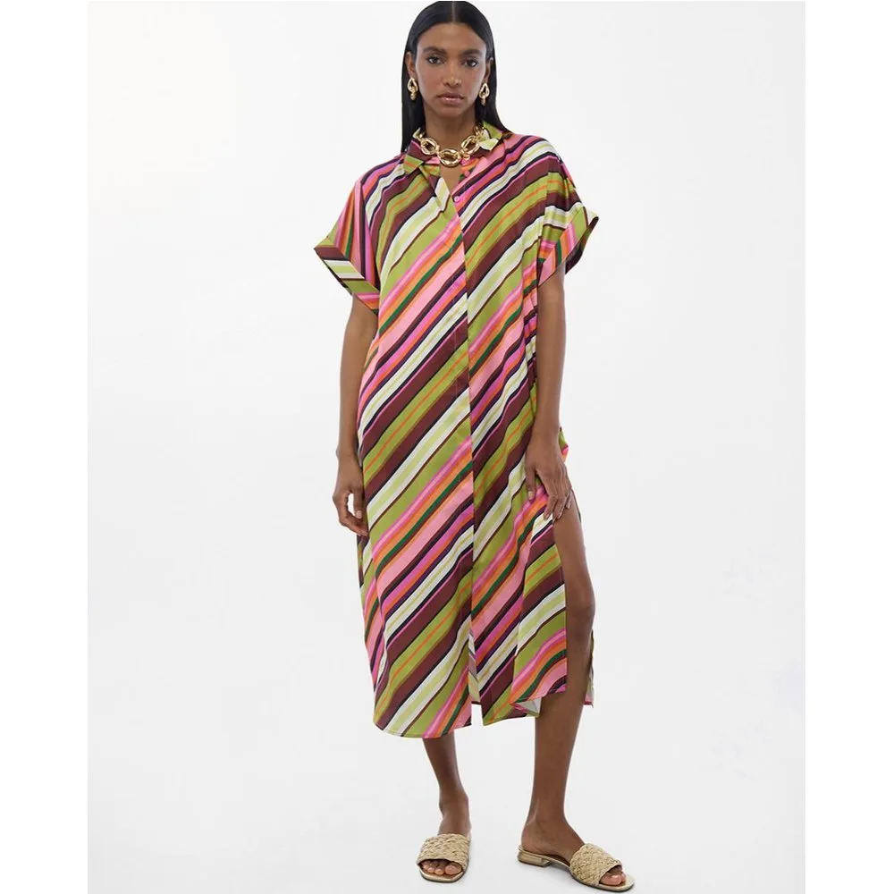 Vestido midi satinado camisero print multirayas - Lola Casademunt - FashionsVida