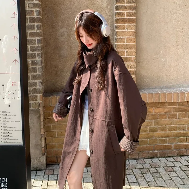A new youthful versatile comfortable and skin-friendly long reddish-brown patchwork windbreaker - Aliexpress - FashionsVida