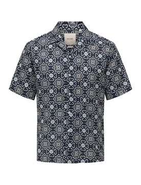 Regular Fit Cotton Linen Blend Printed Shirt Navy Mix male - ONLY & SONS - FashionsVida
