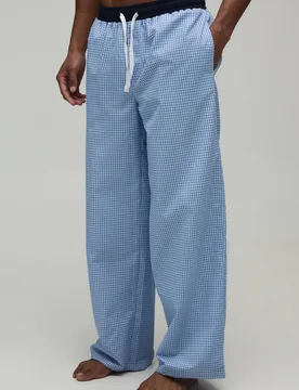 Men's Straight Fit Micro Check Lounge Bottoms with Contrast Waistband Blue Size Large Blue L - boohooMAN - FashionsVida