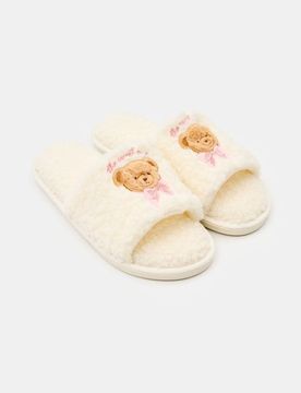 Pantofole con motivo orsetto e finitura teddy - panna
