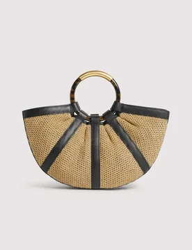 Borsa a mano Shell Small in rafia e pelle nera con manici tondi - Coccinelle - FashionsVida