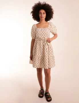 Dobby Spot Milkmaid Mini Dress - L / STONE - female - Blue Vanilla - FashionsVida