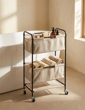Scaffale in metallo con ruote e cestini in tessuto - beige