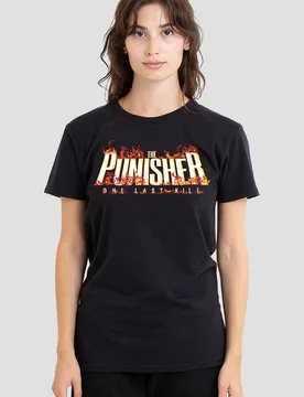 Women's Disney Punisher One Last Kill Burning Logo T-Shirt, Black Size: 2XL - Black - Size: 2XL - Marvel - FashionsVida