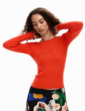 Camiseta canalé logo, Mujer, Rojo, XS