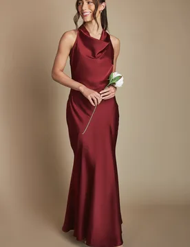 Women's Wine Cowl Halterneck Satin Maxi Bridesmaid Dress Size: 8 - Wine - Size: 8 - OASIS - FashionsVida