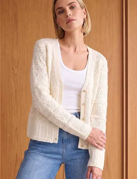 Pointelle Knit Cardigan Sweater - Ivory - Size: 12 - Roman - FashionsVida