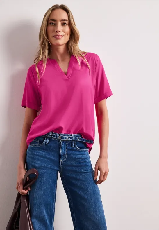 Kurzarm Bluse mit Split Neck in Unifarbe female Pink - Street One - FashionsVida