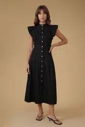 Ruffle Denim Midi Dress - Black - Size: 16