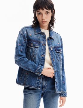 Chaqueta vaquera trucker flores, Mujer, Algodon, Azul, S