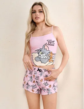 Conjunto de pijama de camiseta de tirantes y pantalones cortos con estampado de dibujos animados para mujer, de verano - Shein - FashionsVida