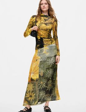 Falda Larga Estampada, Mujer, Viscosa, Verde, XS