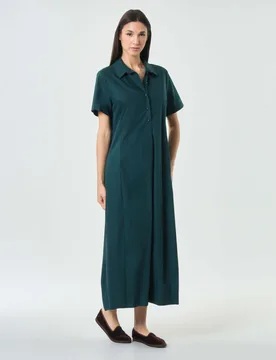 Abito lungo chemisier verde in cotone stretch con maniche corte con abbottonatura frontale - Jurerê - FashionsVida