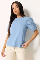 Petite Broderie Cotton Puff Sleeve Top - Light Blue - Size: 18