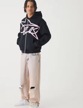 Herren Oversized Boxy Kapuzenpullover mit Sternen-Print und Reißverschluss Black Größe Small - boohooMAN - FashionsVida