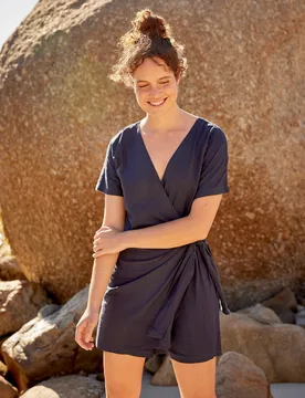 Linen Womens Wrap Playsuit - Navy - Navy - Size: 8 - Animal - FashionsVida