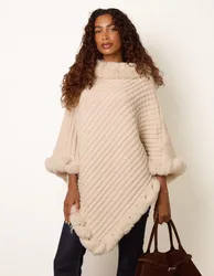 Faux Fur Trim Poncho - ONE / STONE - female