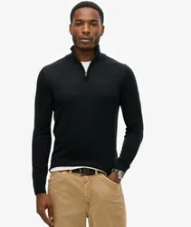 Superdry Herren Merino Wolle Pullover mit Halblangem Reißverschluss, Schwarz - Größe: XL