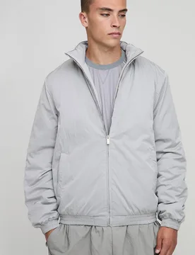 Men's Regular Fit Funnel Neck Nylon Mono Padded Bomber Jacket Grey Size Large Grey L - boohooMAN - FashionsVida