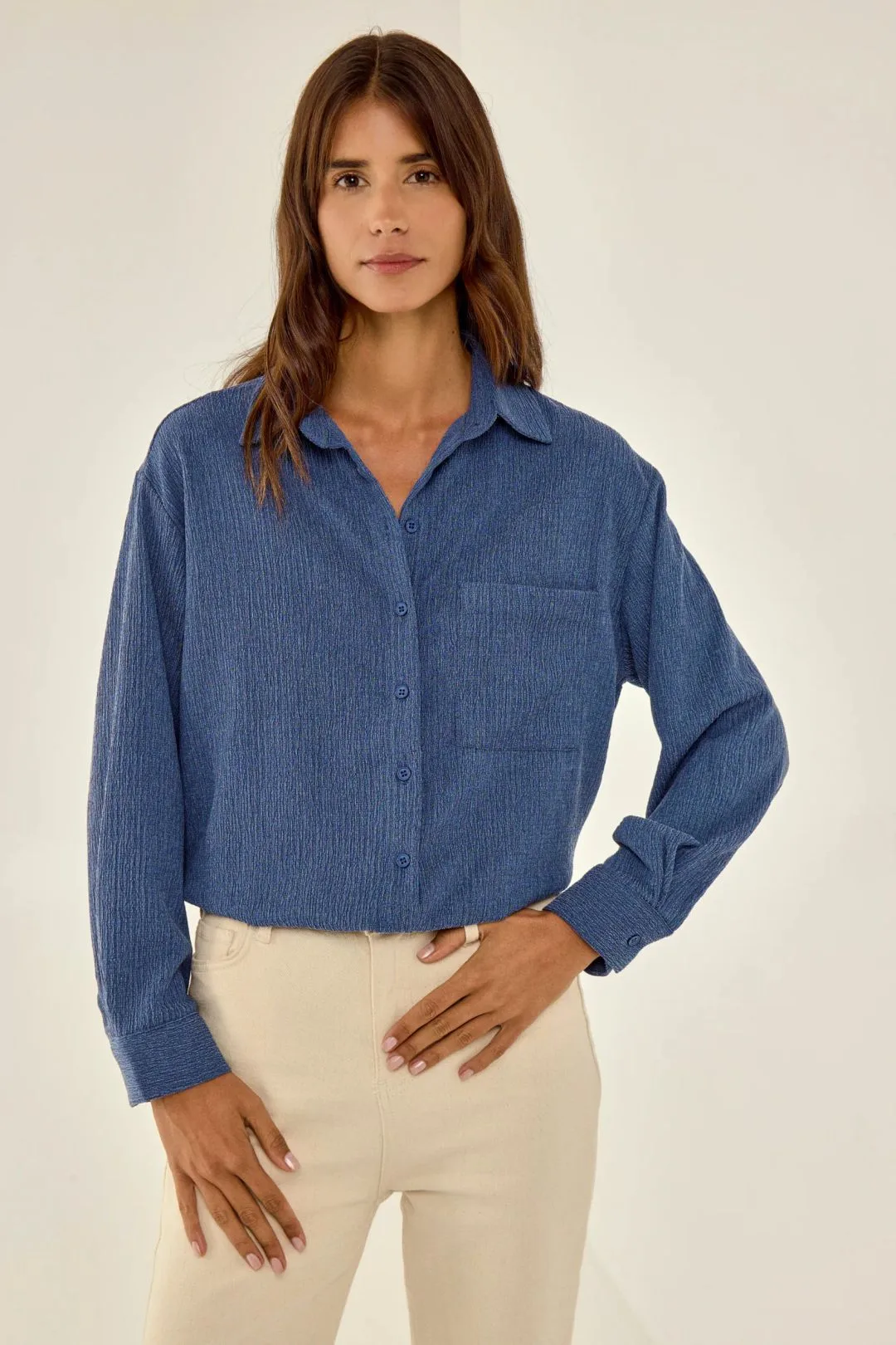 Womens Oversized Shirt With Button And Pocket - Sky Blue - Size Large - Hiccup - FashionsVida