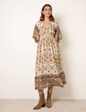 Womens V Neck Border Print Dress - Brown - Size Large - Blue Vanilla - FashionsVida