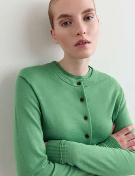 Merino Wool With Silk Crew Neck Cardigan Green female - Jaeger - FashionsVida