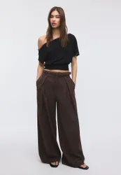 Wide-Leg-Hose mit Bundfalten und Gürtel Braun 42
