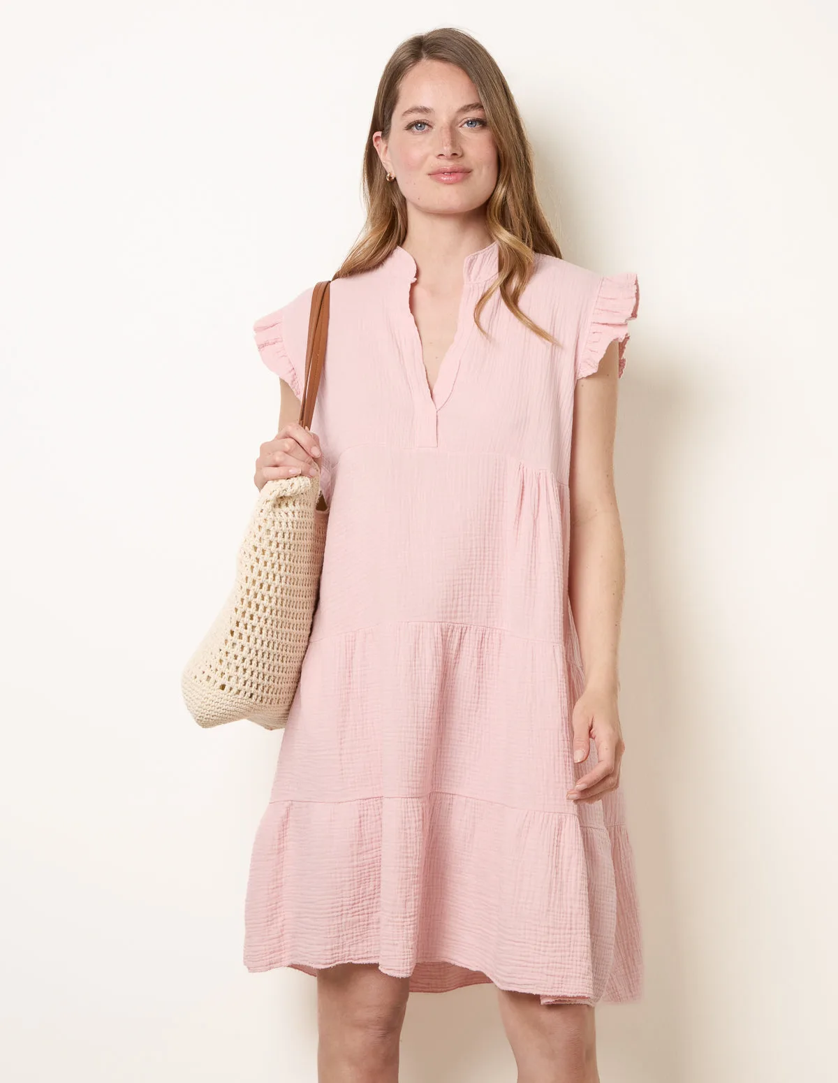 Cheesecloth Frill Sleeve Tunic - S/M / PINK - female - Blue Vanilla - FashionsVida