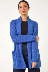 Fluffy Textured Knit Cardigan Sweater - Indigo - Size: 16