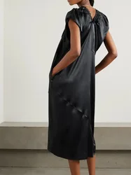 Tie-Detailed Ruched Silk-Satin Midi Dress