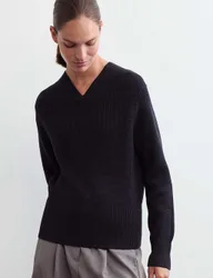 Pure Merino Wool Textured Notch Neck Jumper Navy female