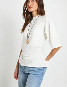 Womens Cinched Waist Half Sleeve T-Shirt - Ecru Cotton - Size 10 Uk - Boohoo - FashionsVida
