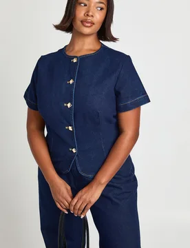 Womens Plus Gold Button Short Sleeve Denim Top - Indigo Blue - Size 22 Uk - Boohoo - FashionsVida