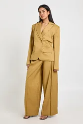 Womens Pleat Front Wide Leg Trousers - Mustard - Size 10 Uk