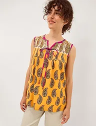 Paisley Notch Neck Tie Detail Top Yellow Mix female