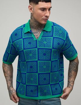 Herren Großes Übergroßes Kastenförmiges Häkel-Tapisserie-Strick-Poloshirt Green Größe XL