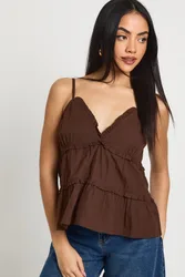 Womens Poplin V Neck Ruched Cami Top - Chocolate Cotton - Size 6 Uk
