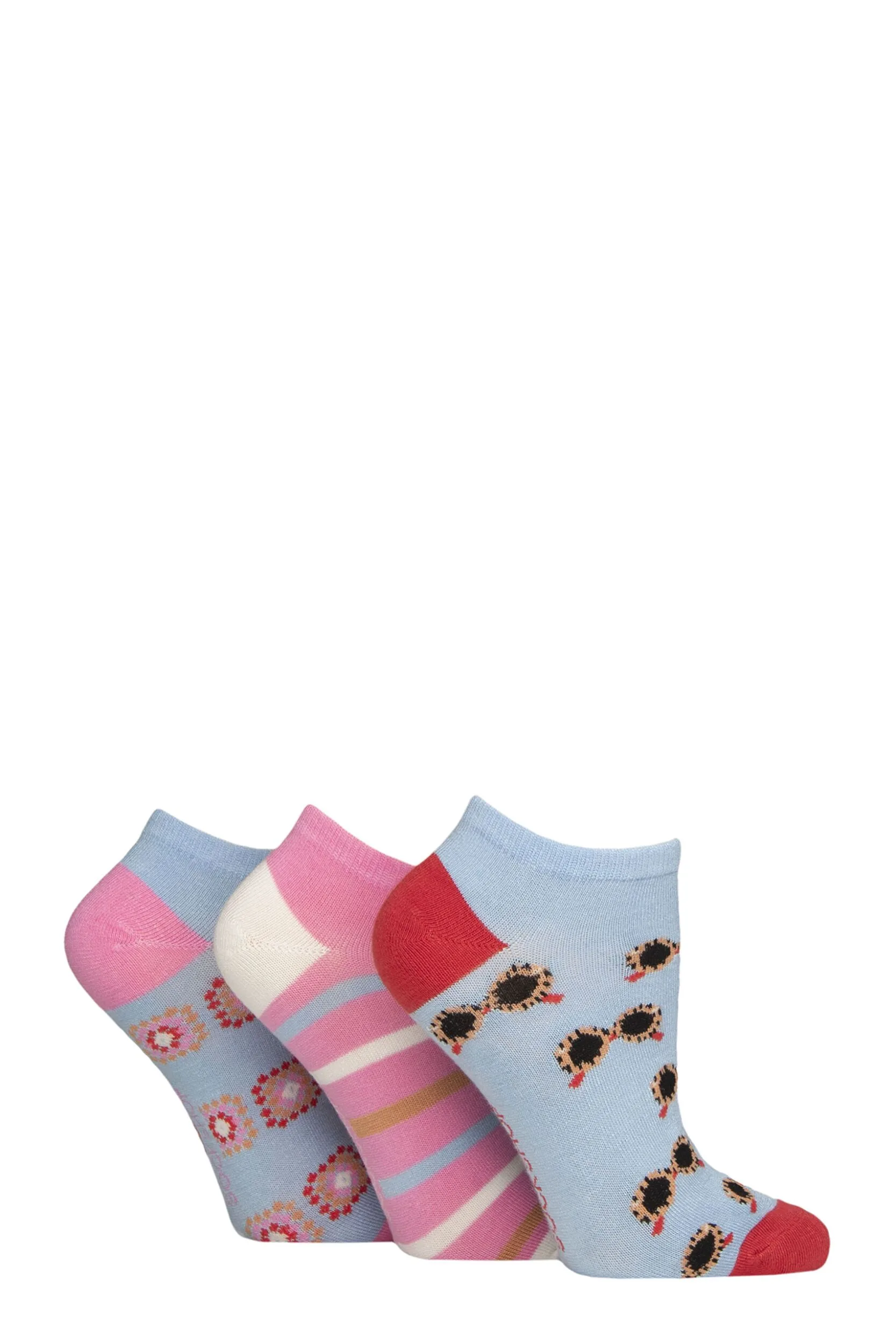 Women's 3 Pair Patterned, Striped, Plain, Ribbed and Mesh Bamboo Trainer Socks Sunglasses Patterned 4-8 - Multi Coloured - Size: Small - SockShop - FashionsVida